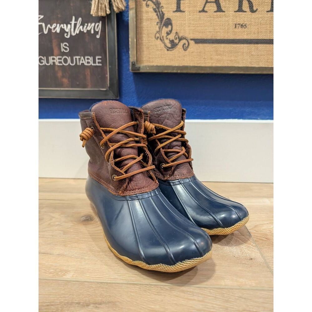 Sperry Duck Boots Women’s 9 Brown Leather & Navy Rubber Waterproof Rain Boots EU